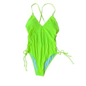 Neon Green One Piece Swimsuit L Lace Up Side Cutout Crisscross Back Bathing Suit